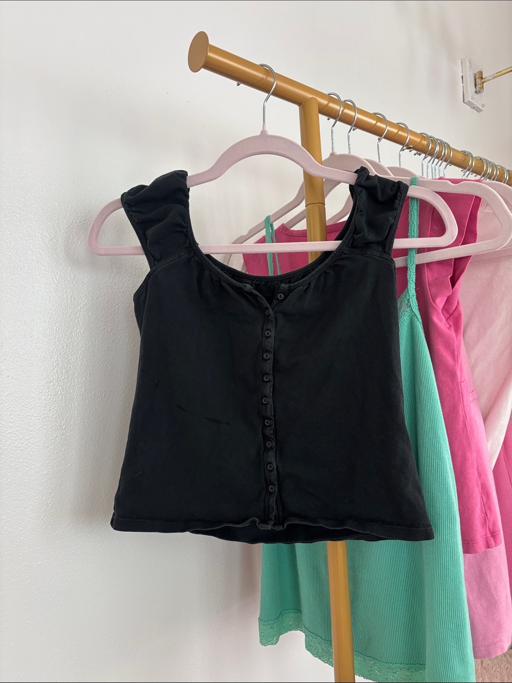 Brandy Melville Black Ruffle Strap Button-Front Crop Top